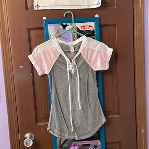 Light pink white and gray T-shirt with strings